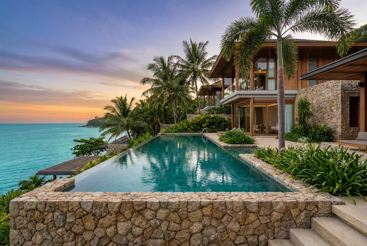 Pool deck of a luxury resort with palm trees