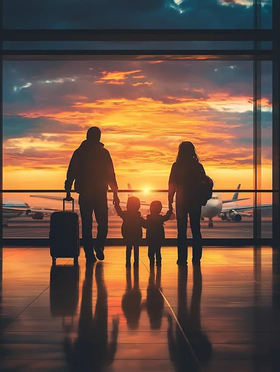 Traveller silhouetted against airport glass at sunset