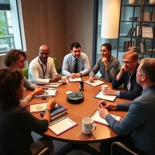 Business team meeting in a city skyline boardroom