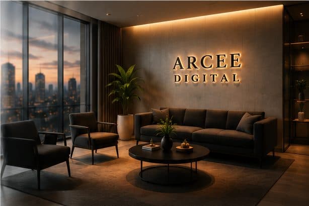 Arcee Digital lounge interior overlooking the city skyline